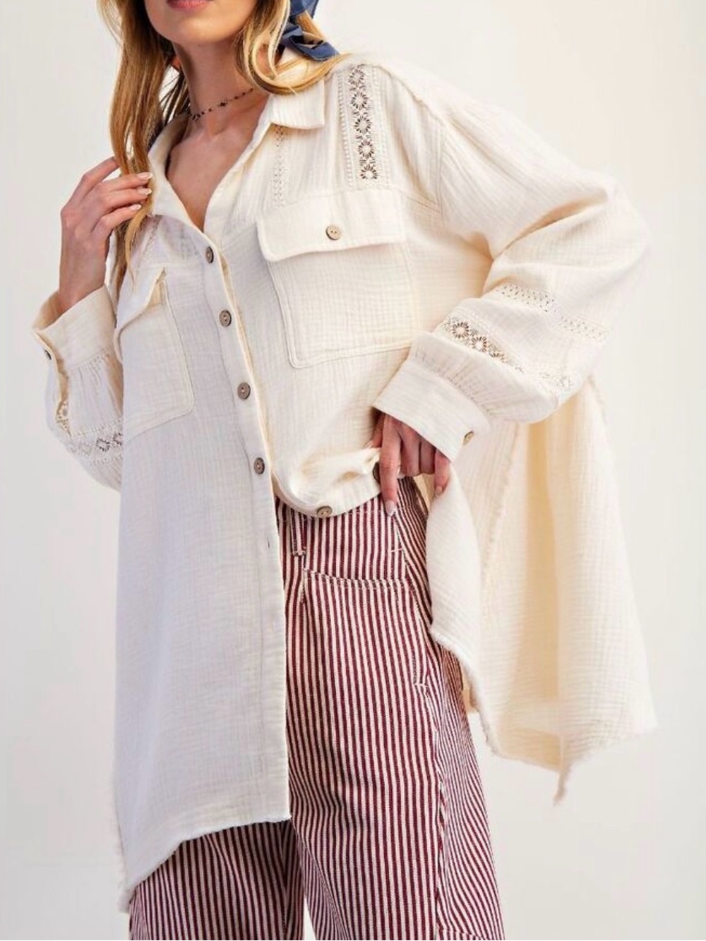 Easel shirt Cotton gauze tunic length bohemian oversized button front crochet